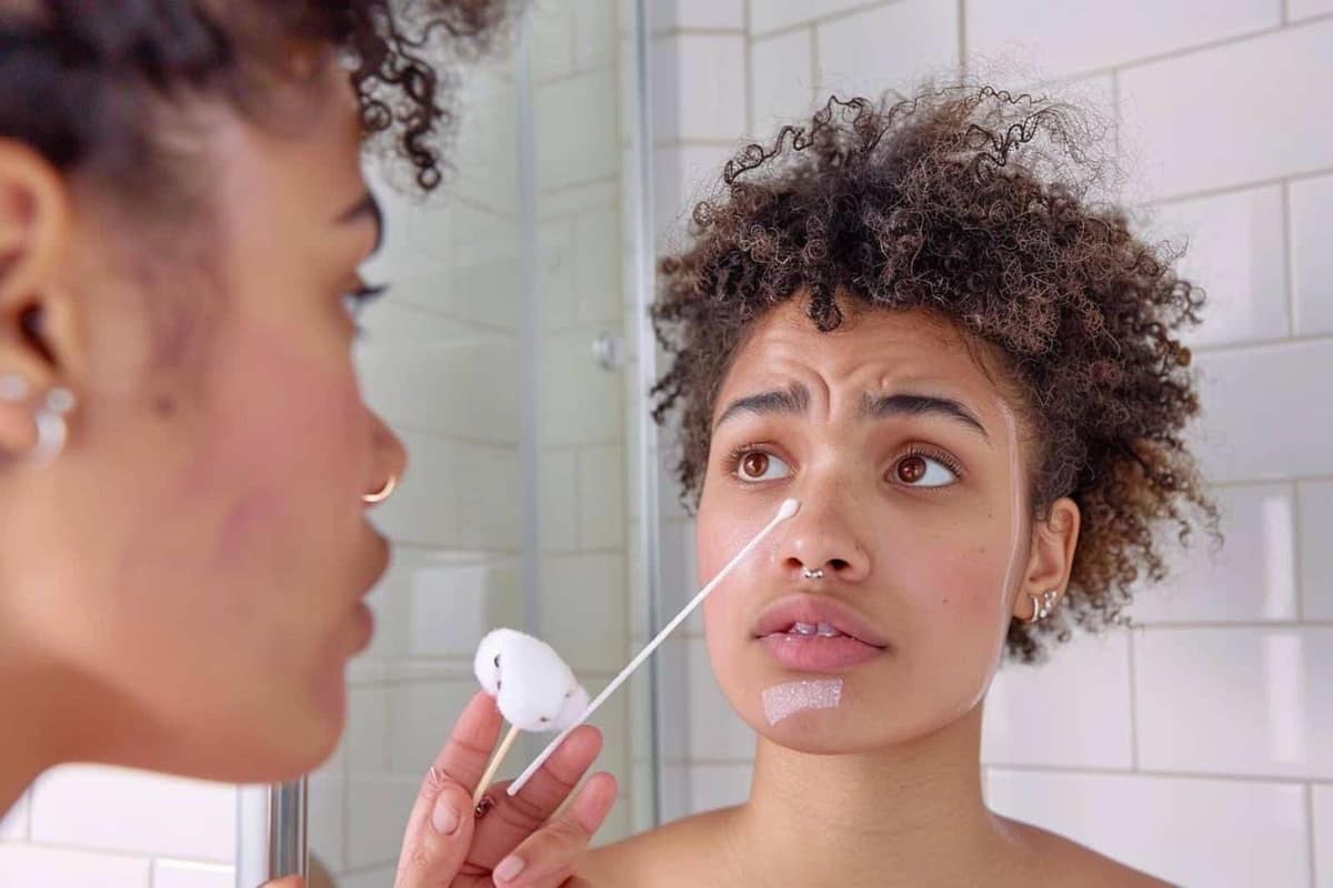 Mains gantées préparant une compresse saline près d’un piercing d’oreille