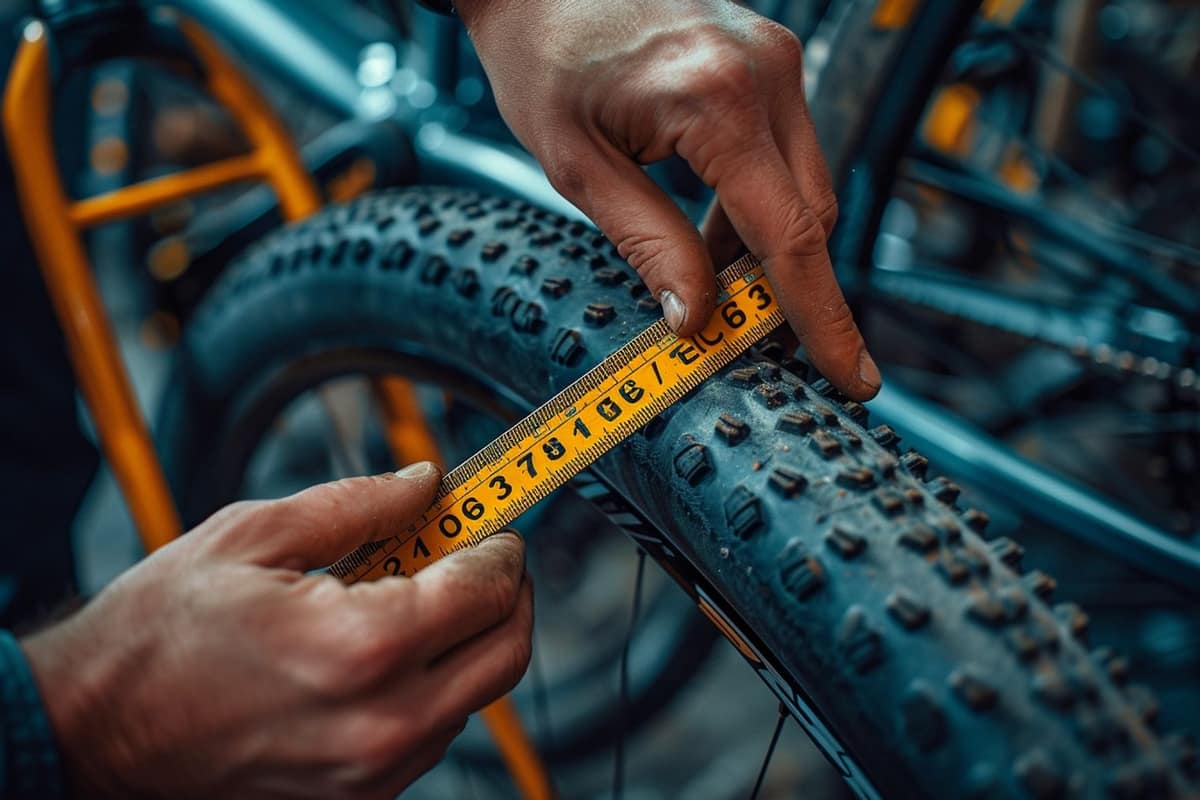 Roue de vélo démontée avec chambre à air, pompe et démonte-pneus sur établi