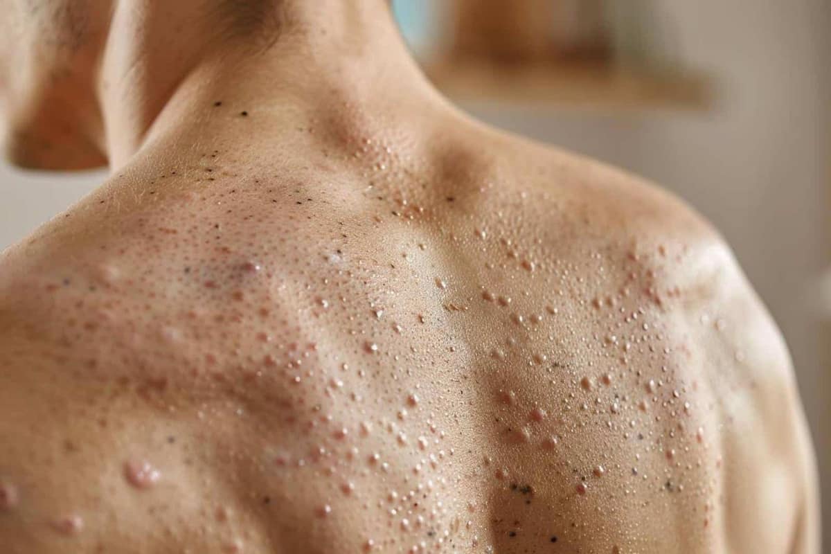 Dos avec marques d’acné discrètes et produits de soin non parfumés