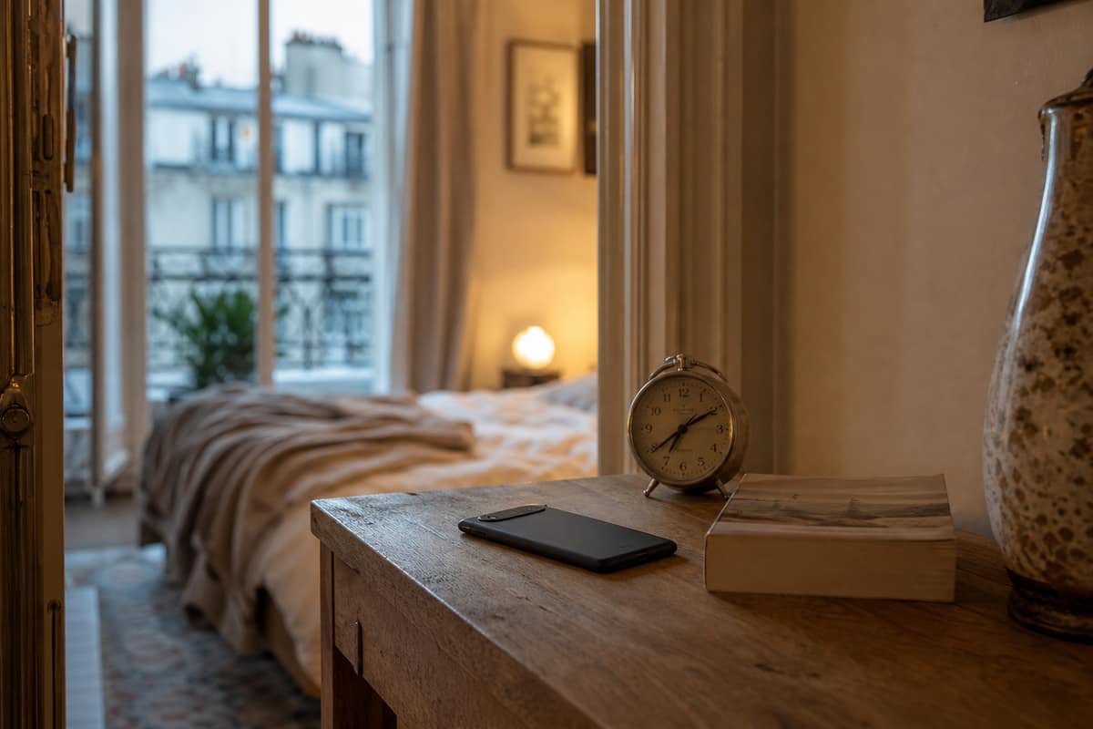 Téléphone posé hors d’une chambre avec livre et réveil analogique sur console
