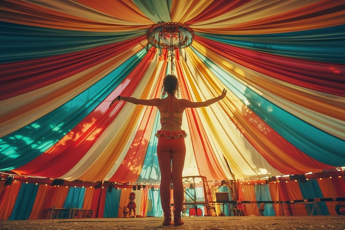 Artiste en formation sur tissu aérien dans une salle de cirque sécurisée