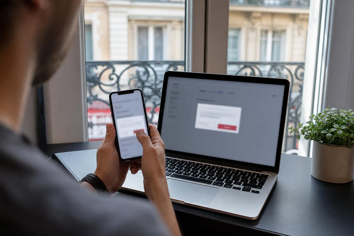 Main utilisant un smartphone pour gérer les paramètres d’un compte en ligne