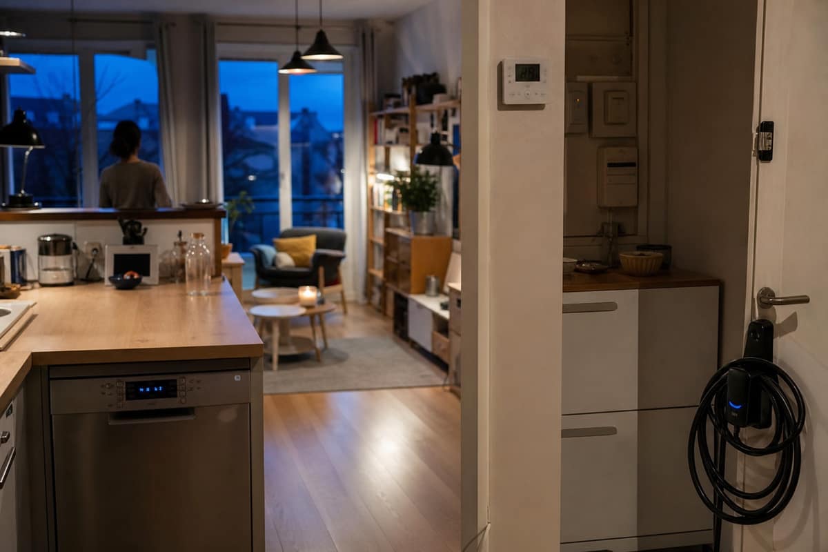 Thermostat, tableau électrique et appareils programmés dans un logement français en hiver