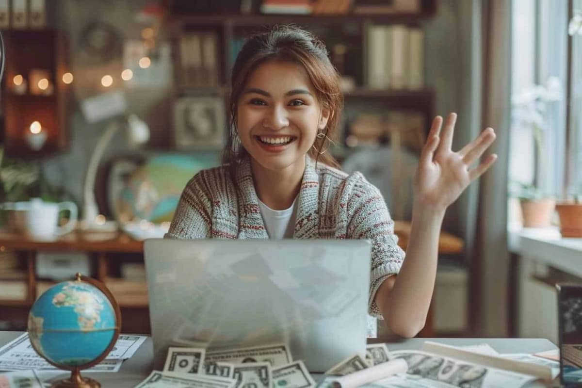 Mains utilisant une application bancaire avec passeport et euros sur une table