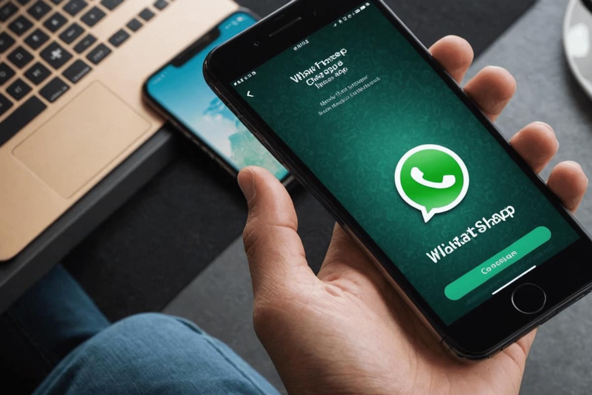 Deux smartphones reliés affichant un transfert de données sur une table.