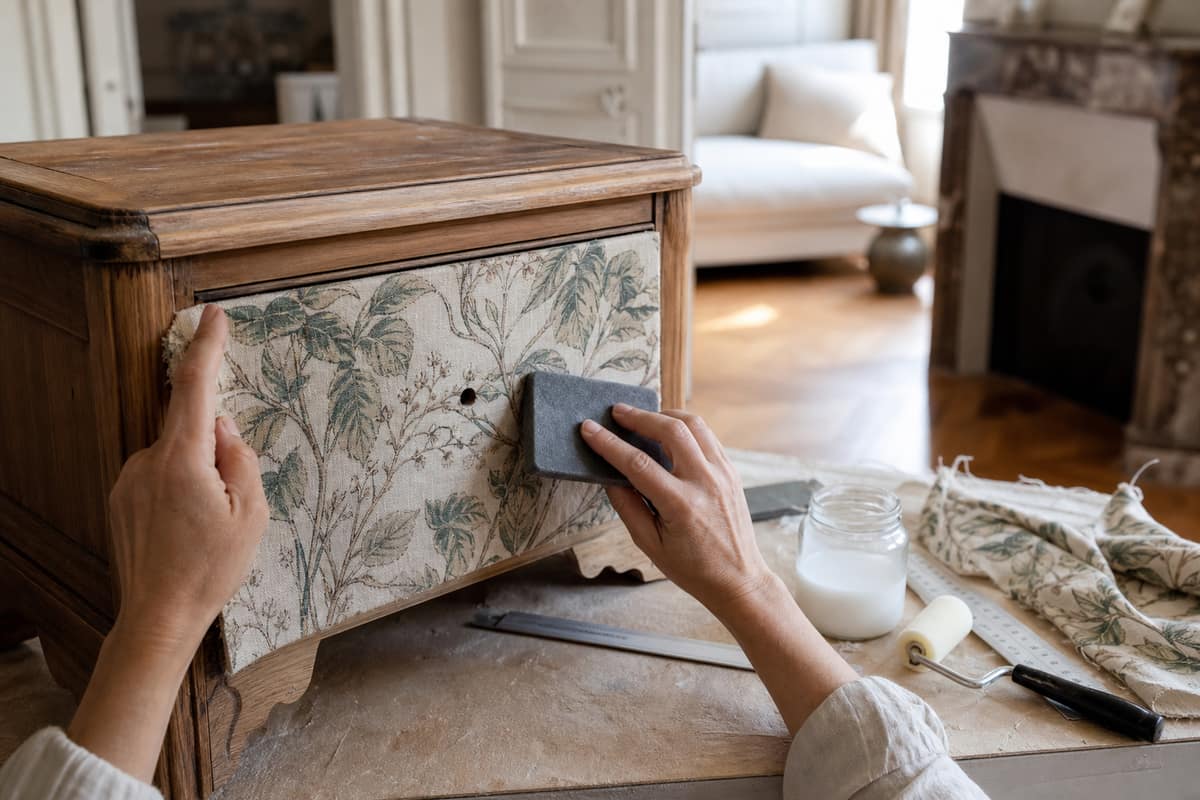 Façade de tiroir en bois recouverte d’un tissu fleuri et lissée à la main