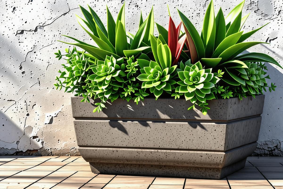 Jardinière claustra en bois décorée de feuillages et guirlande lumineuse sur terrasse