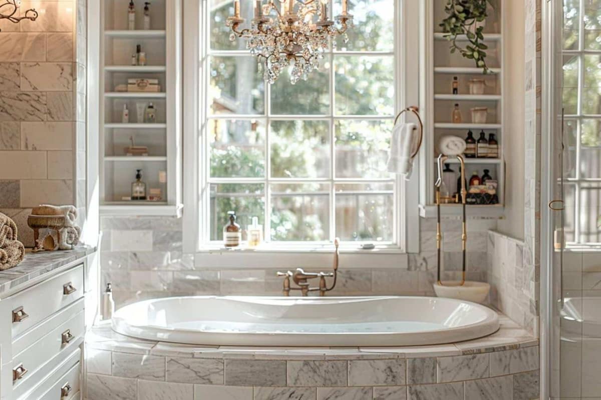 Petite salle de bain lumineuse avec douche vitrée et meuble vasque suspendu
