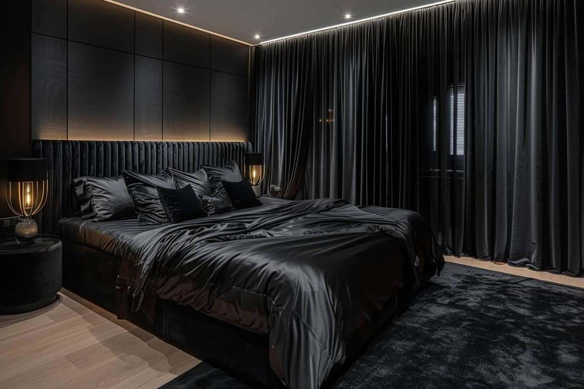 Chambre noire apaisante avec lit en lin, bois clair et lampes chaudes