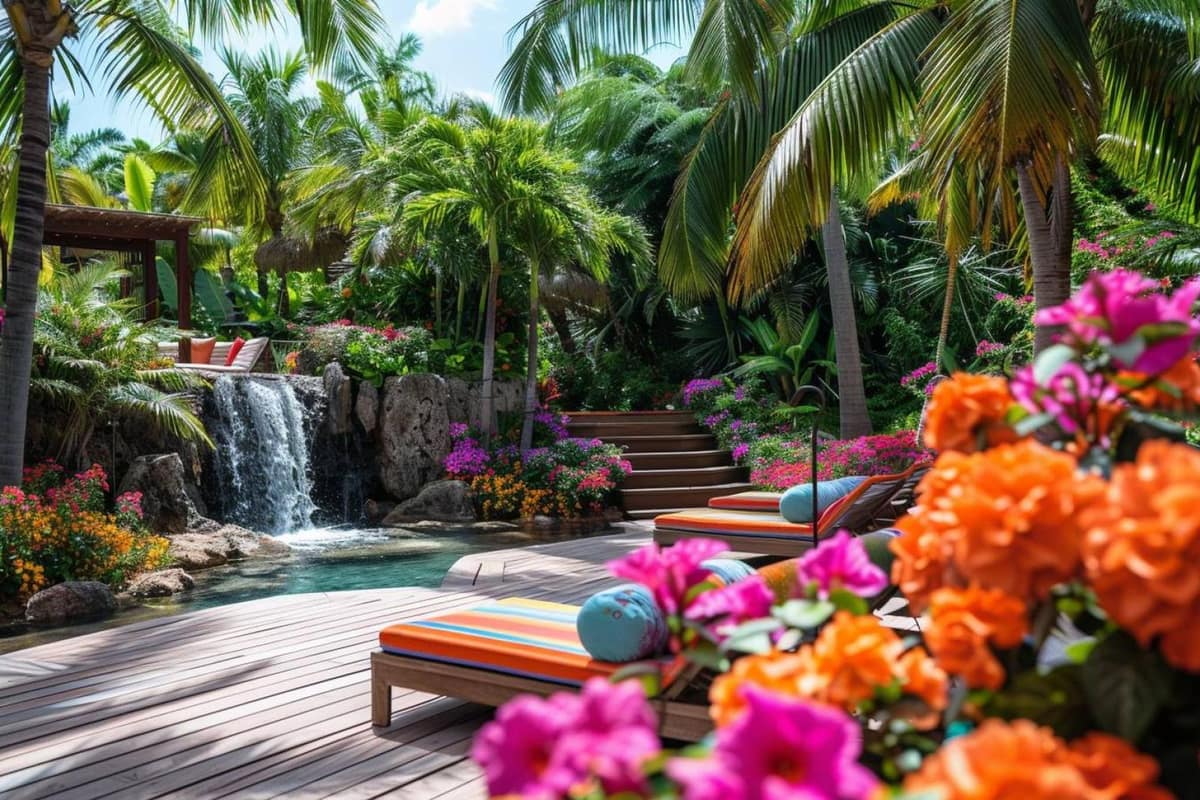Coin de jardin luxuriant avec bananiers, hibiscus, pots colorés et banc en bois