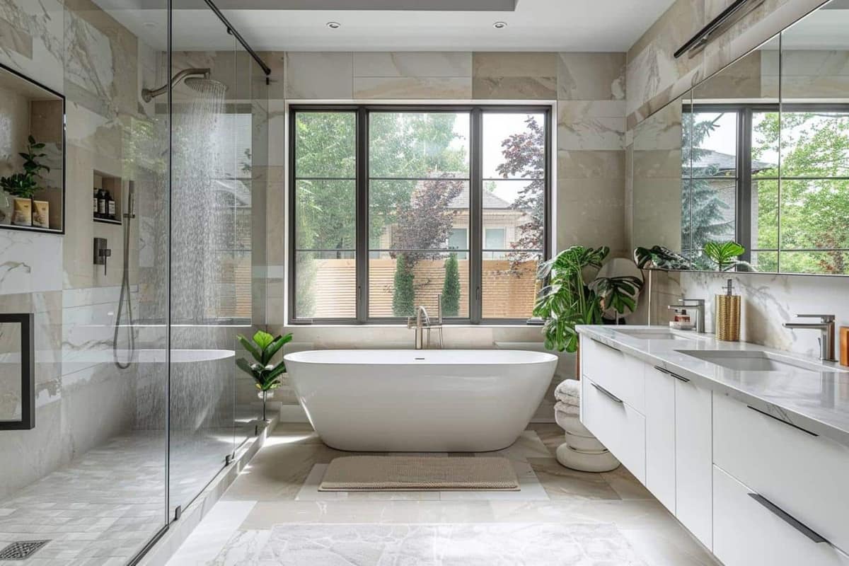 Salle de bain moderne avec meuble suspendu, douche vitrée et éclairage indirect
