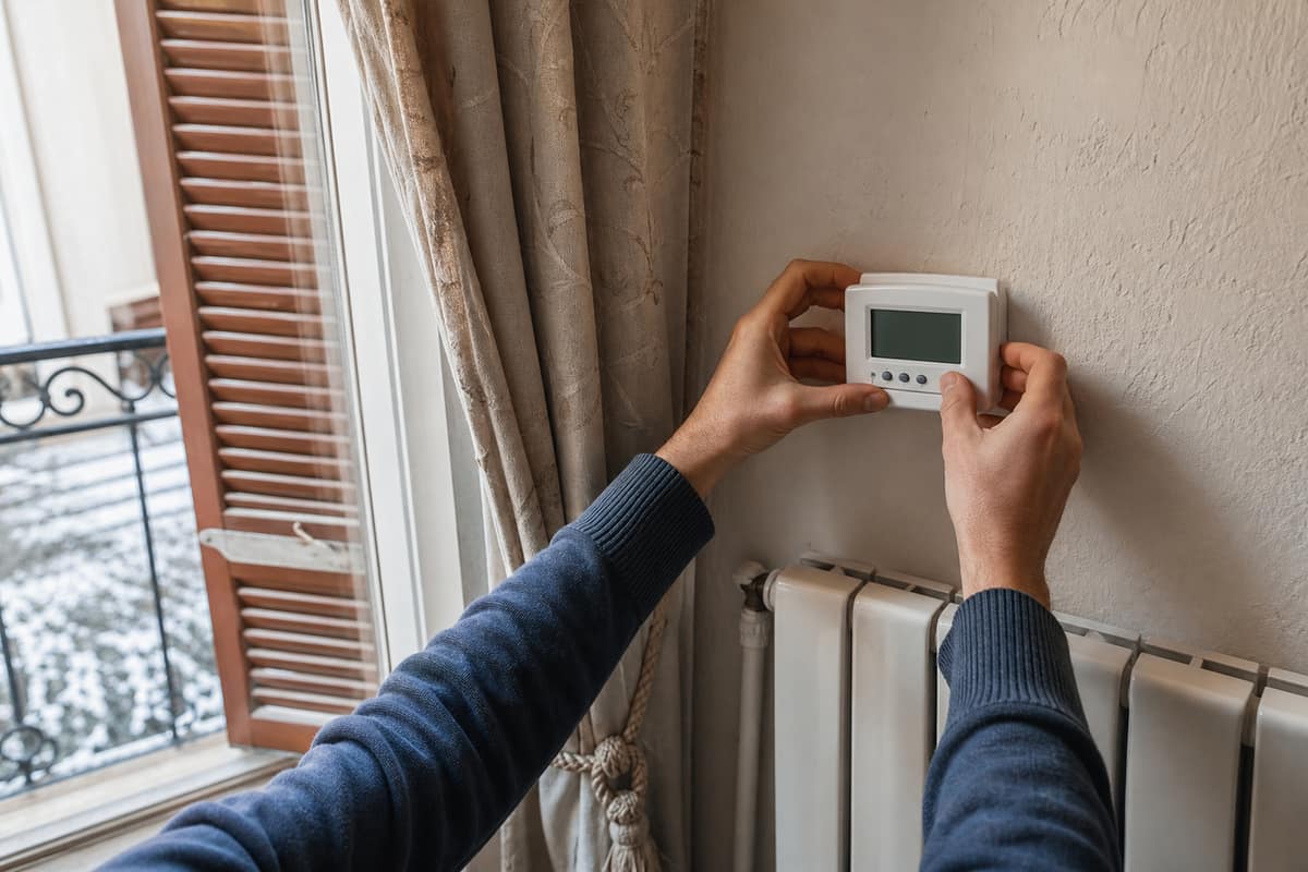 Thermostat réglé près d’un radiateur dans un salon français bien isolé
