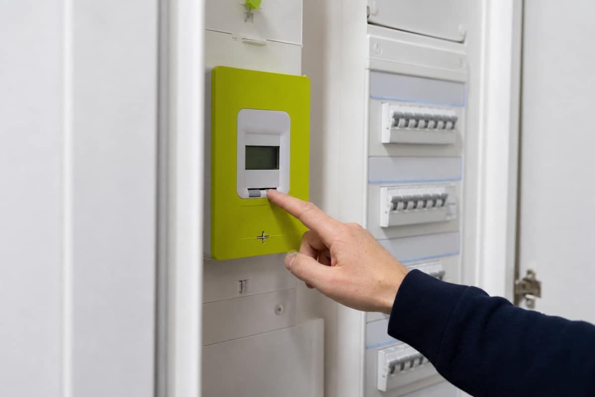 Compteur communicant dans une entrée d’appartement avec écran de puissance et tableau électrique