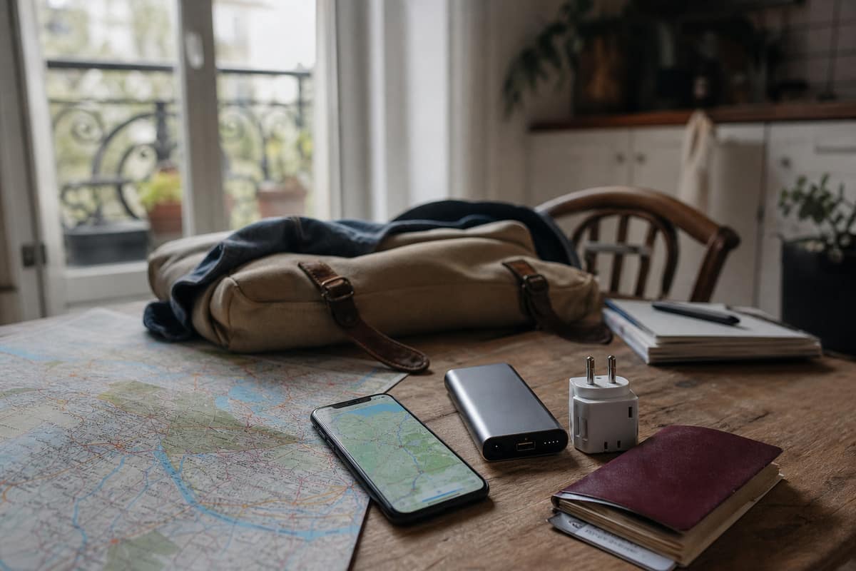 Smartphone préparé avec carte hors connexion, batterie externe et carte routière