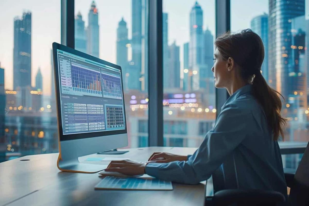 Entrepreneur consultant des fiches clients sur ordinateur dans un bureau lumineux