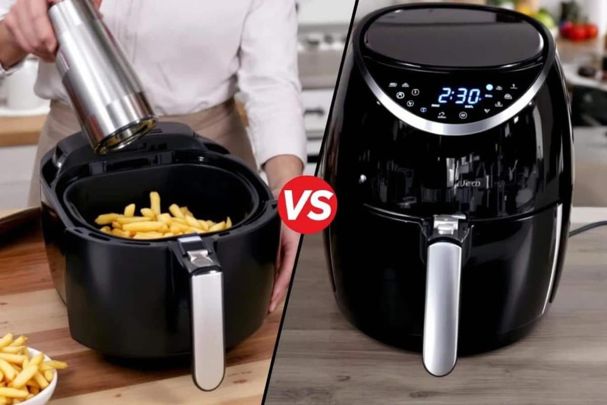 Deux portions de frites près d’un Airfryer et d’une friteuse traditionnelle