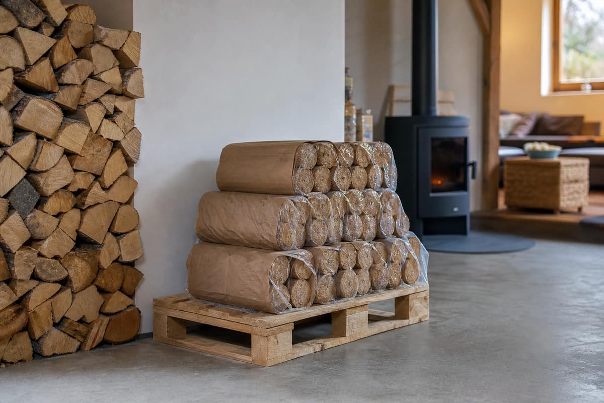Bûches de bois sec et bûches compressées rangées près d’un poêle
