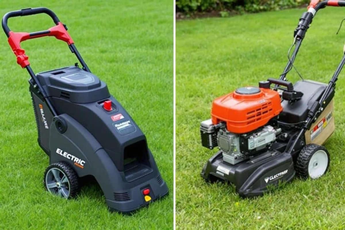 Broyeurs électrique et thermique près de branches taillées dans un jardin