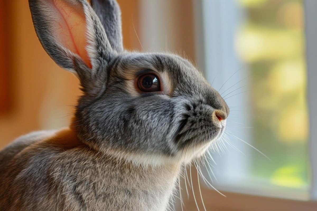 Lapin domestique au repos dans un enclos bas avec tapis antidérapant et foin