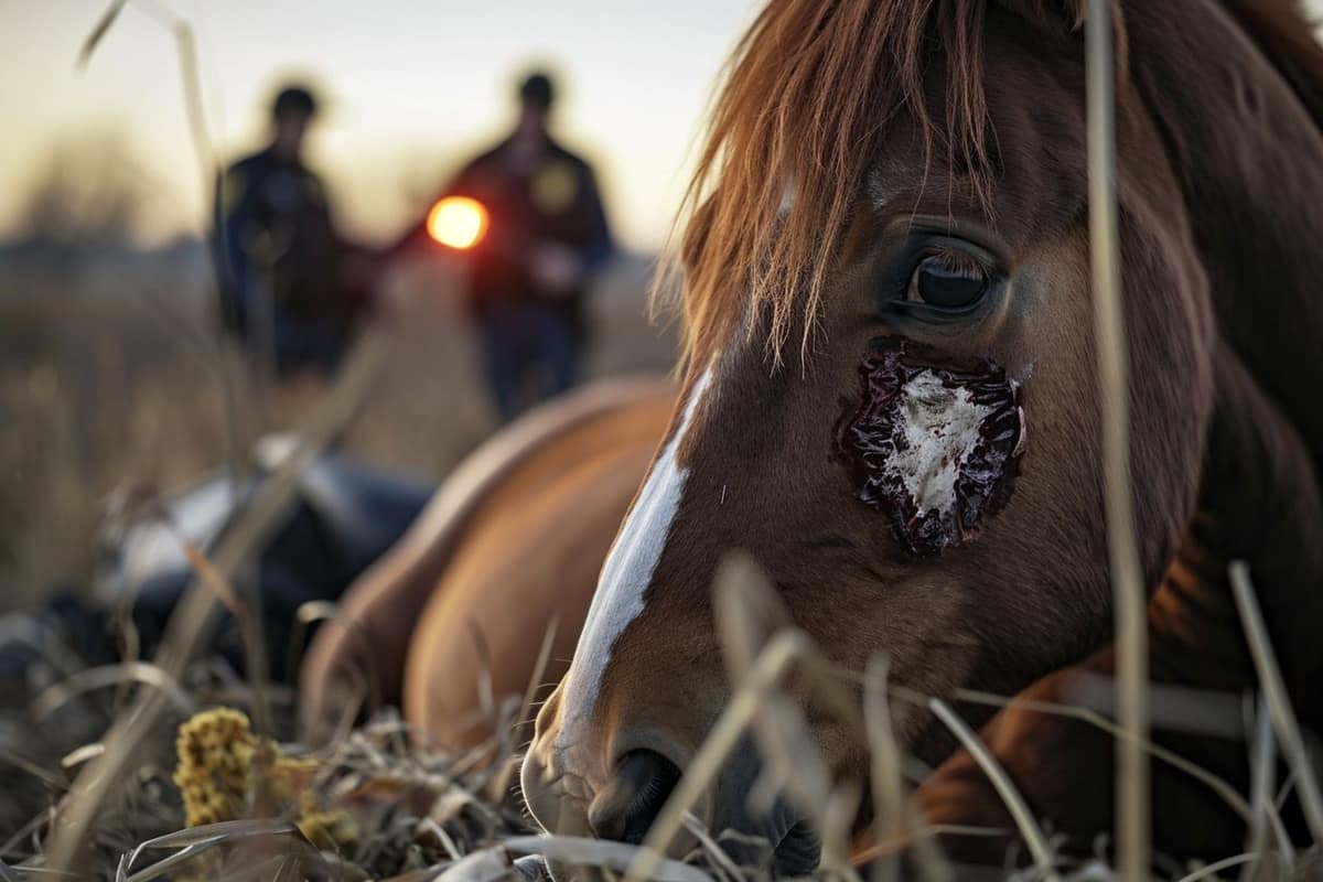 Cheval dans un pré clôturé avec caméra discrète près du portail