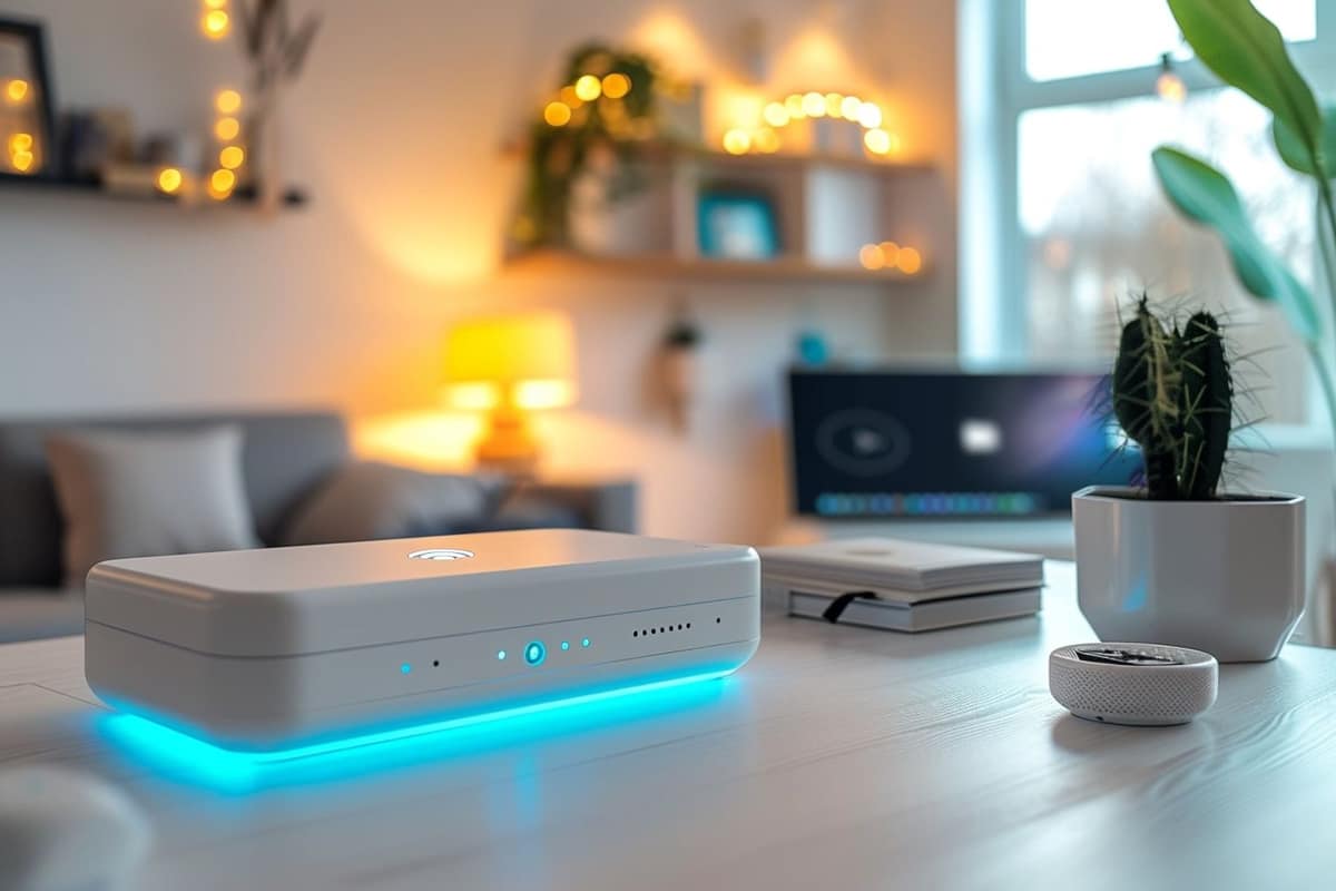 Répéteur Wi-Fi branché dans un couloir lumineux entre box et chambre