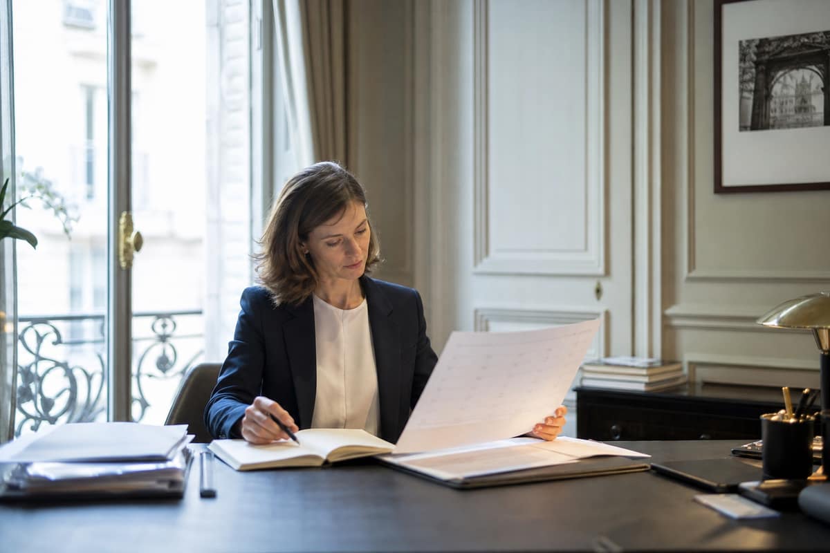 Professionnel consultant un calendrier et des notes à son bureau