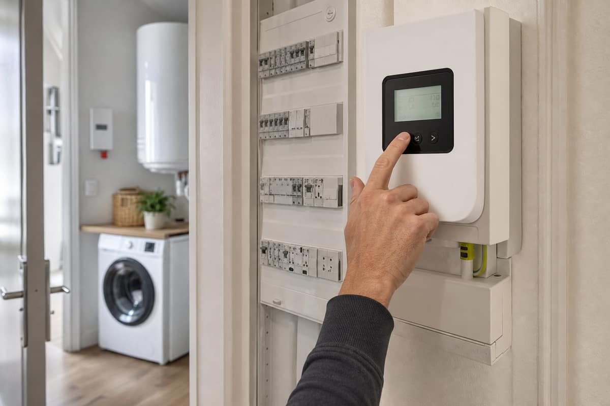Compteur électrique communicant et tableau domestique dans une entrée d’appartement français