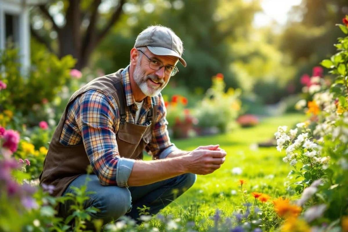 Pelouse de jardin scarifiée avec râteau et zones prêtes au semis printanier