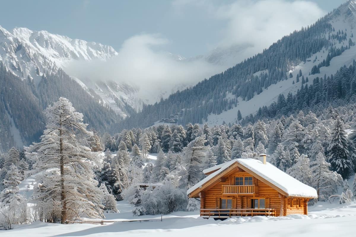 Chalet en bois face aux montagnes enneigées, accès déneigé et toiture pentue