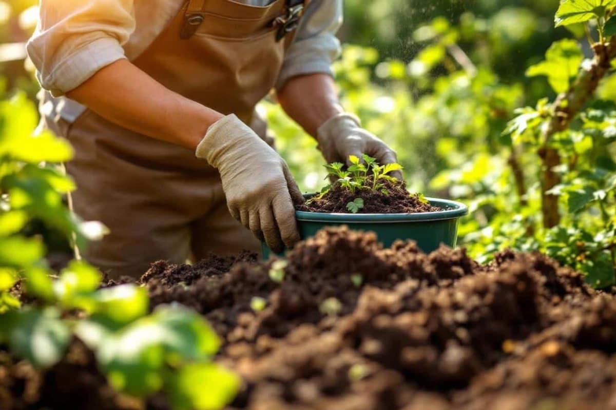 Herbe de tonte séchant près d’un composteur dans un jardin familial