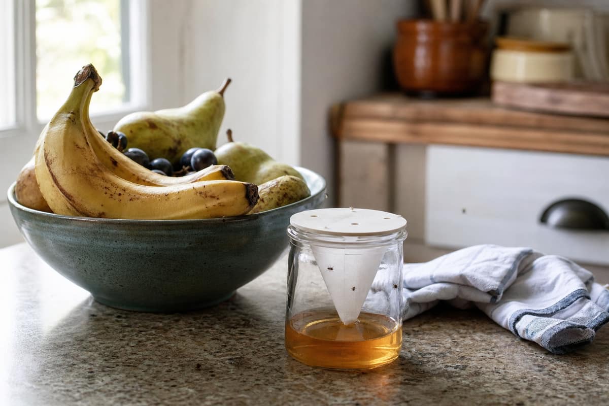 Corbeille de fruits mûrs et piège au vinaigre sur un plan de travail