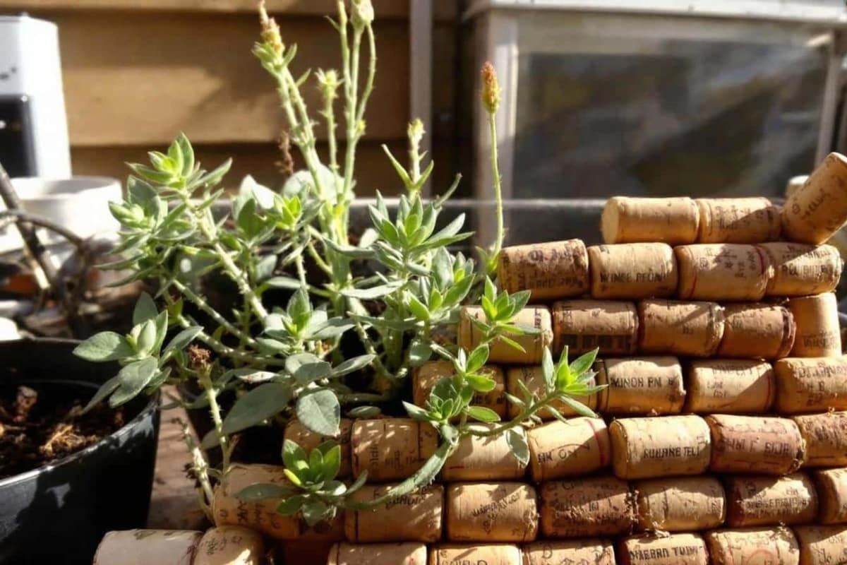 Bouchons de liège en étiquettes et couvre-sol sur des pots d’aromatiques
