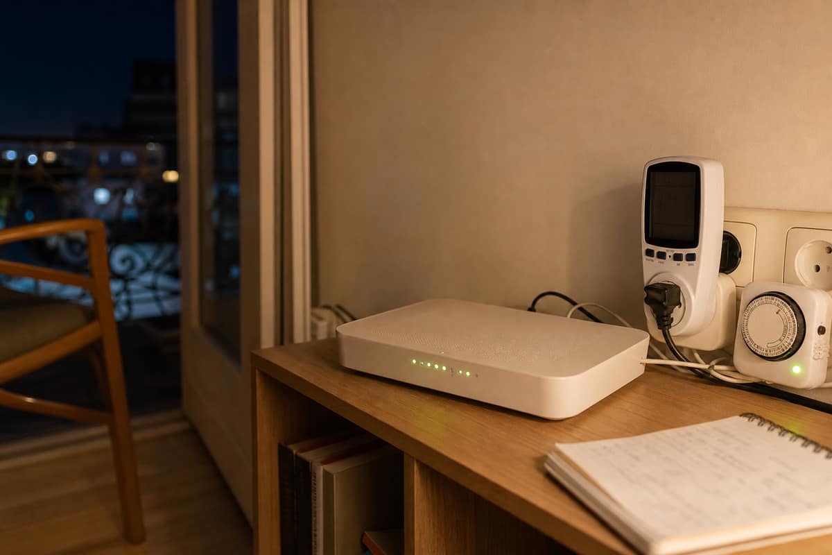 Box Internet reliée à un wattmètre et une prise programmable dans un salon.