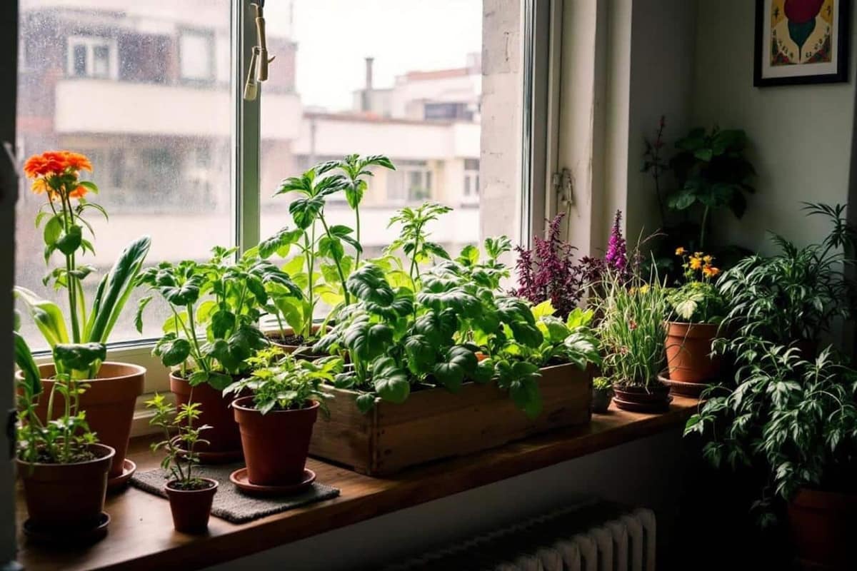 Petit potager intérieur avec salades, basilic et jeunes pousses près d’une fenêtre