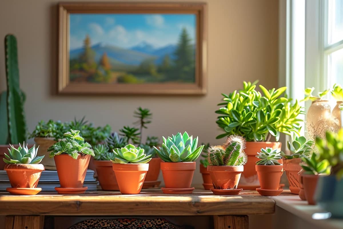 Plantes alpines en pots de terre cuite dans une véranda fraîche et lumineuse