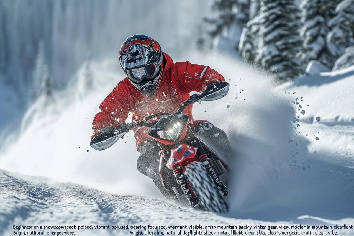 Débutant en snowscoot sur une piste verte damée en montagne