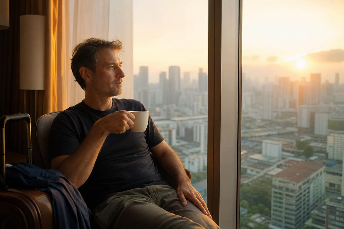 Voyageur assis près d’une fenêtre d’hôtel au lever du soleil, une tasse de café à la main