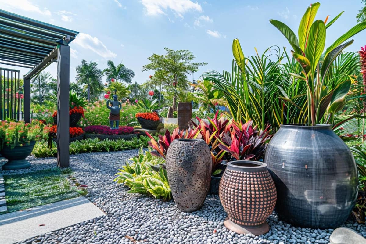Terrasse de jardin avec banquette en bois, pots en terre cuite et graminées