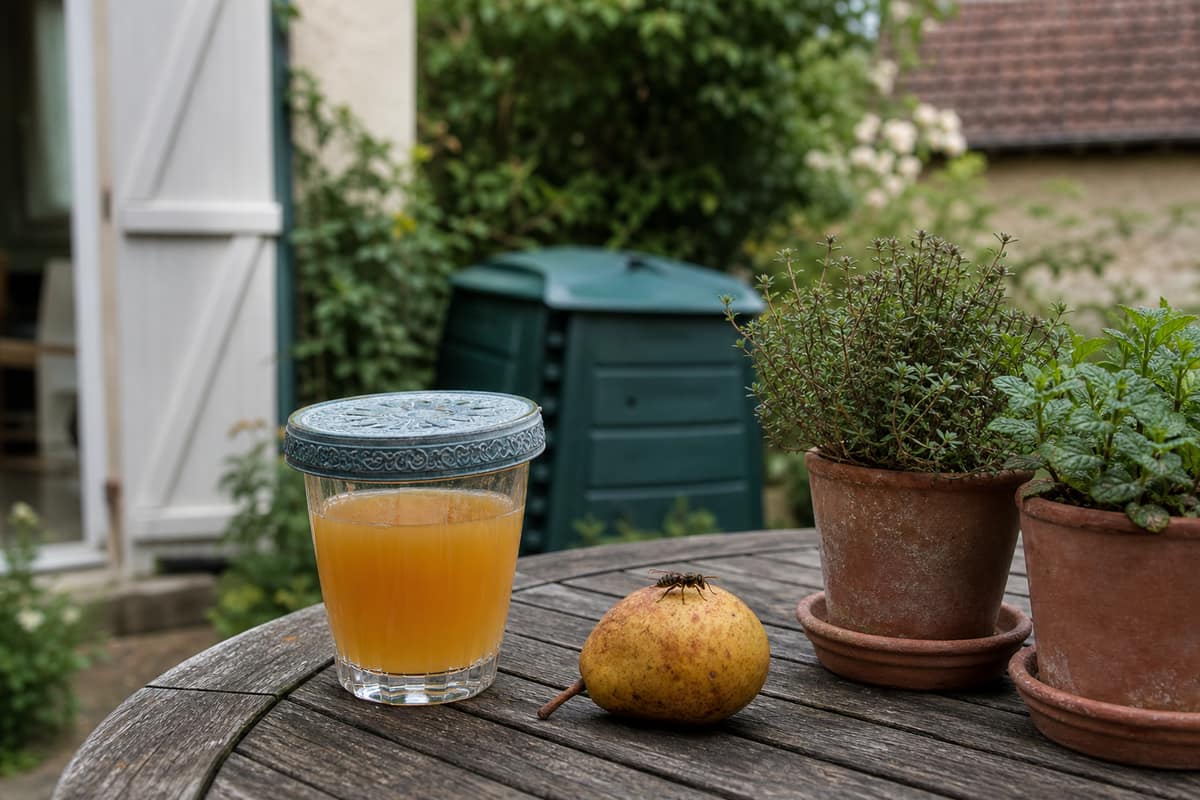 Frelon asiatique près d’une poire tombée sur une terrasse de jardin