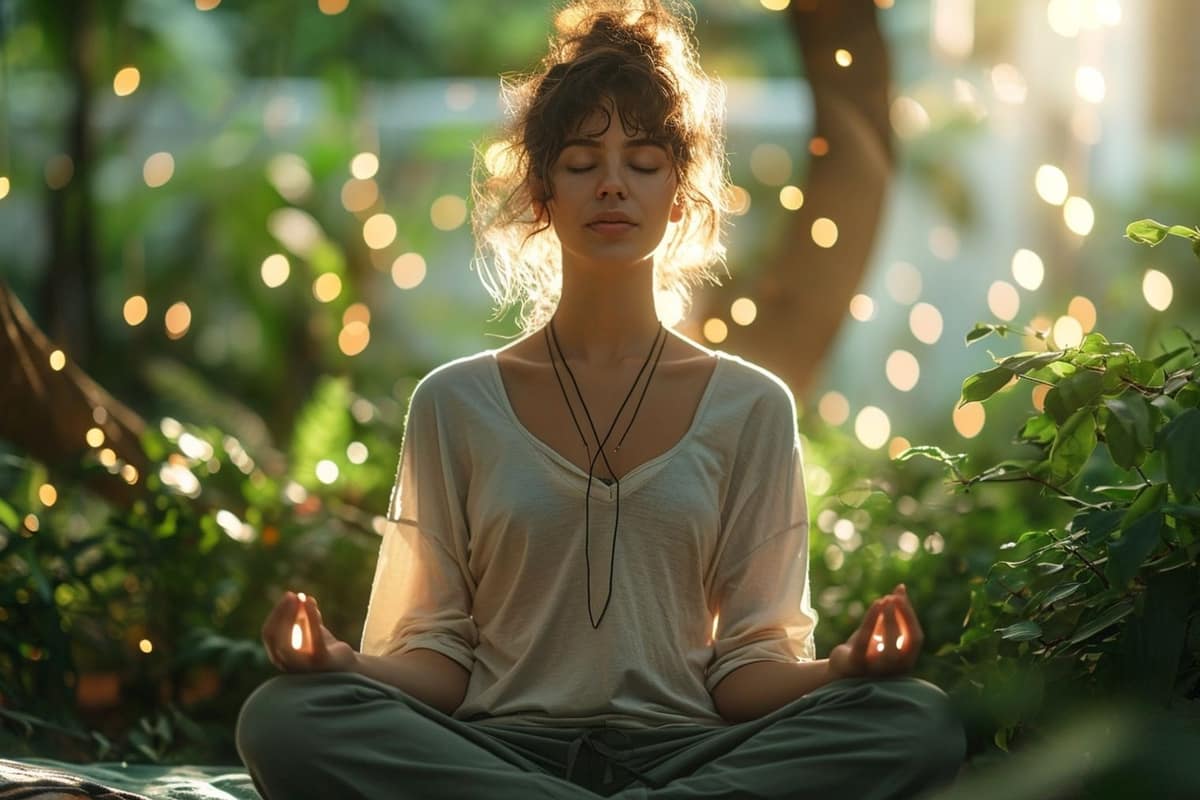 Coin méditation lumineux avec coussin en lin, carnet et minuteur sur parquet