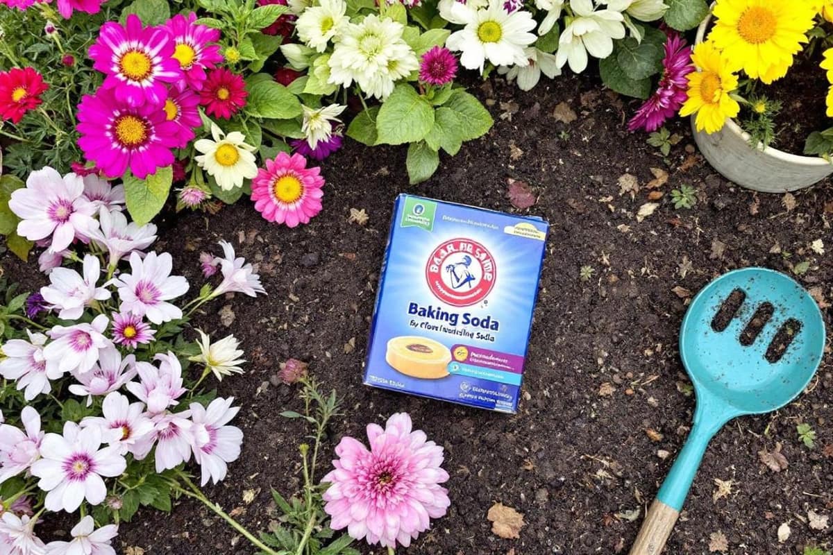 Bicarbonate, brosse, pots en terre cuite et outils de jardin sur une table
