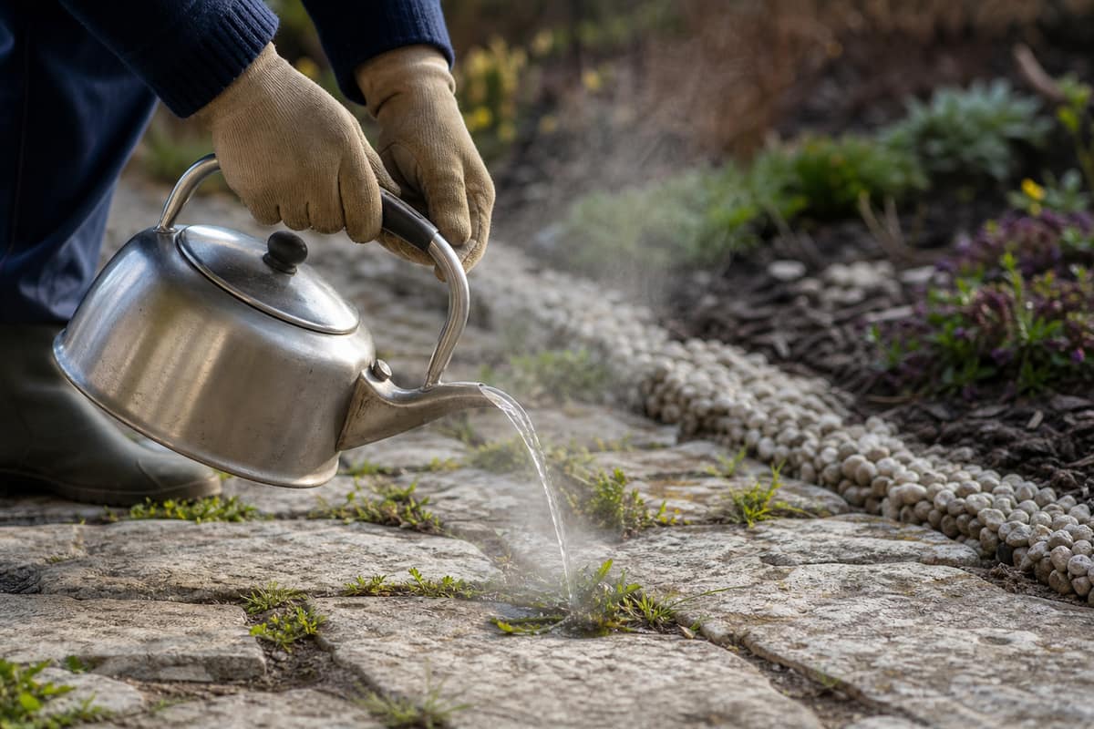Main gantée versant de l’eau chaude entre des pavés envahis d’herbes