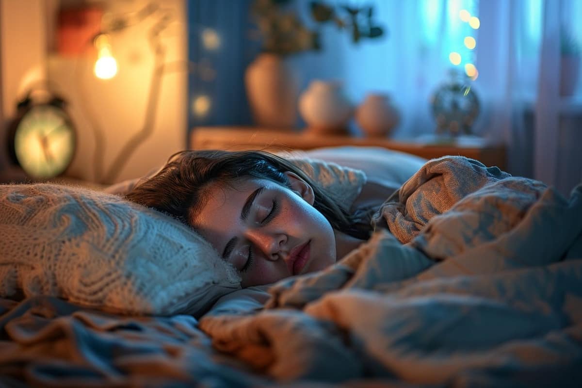 Chambre calme à l’aube avec lit, rideaux occultants et lumière douce