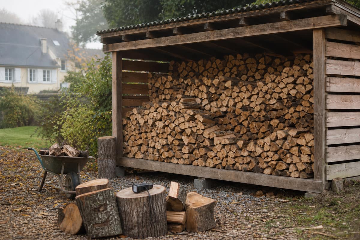 Bûches fendues séchant sous un abri ventilé dans un jardin français