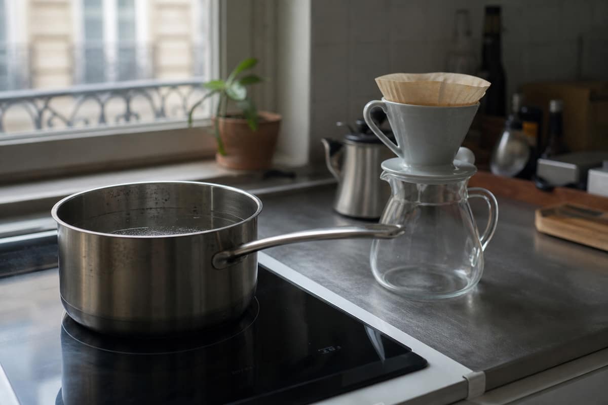 Casserole, filtre à café et carafe en verre pour filtrer l’eau bouillie