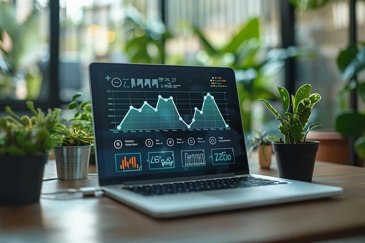 Ordinateur et smartphone affichant un parcours d’achat optimisé sur un bureau