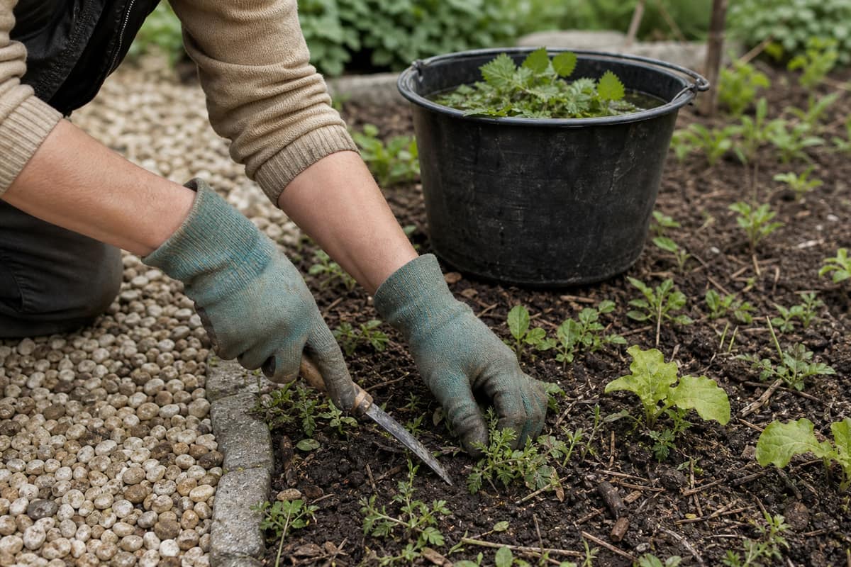 Mains gantées désherbant une allée gravillonnée près d’un seau d’orties