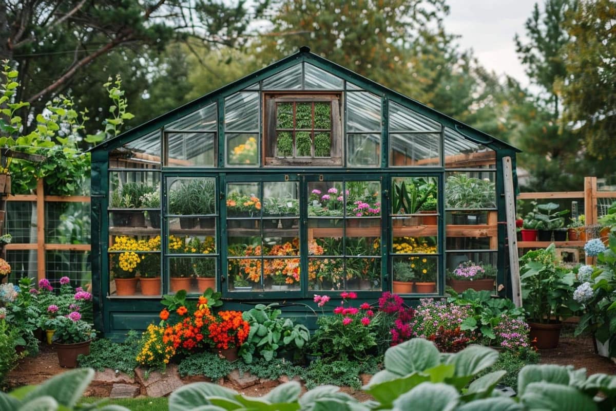 Petite serre de jardin construite avec fenêtres récupérées et toiture en polycarbonate