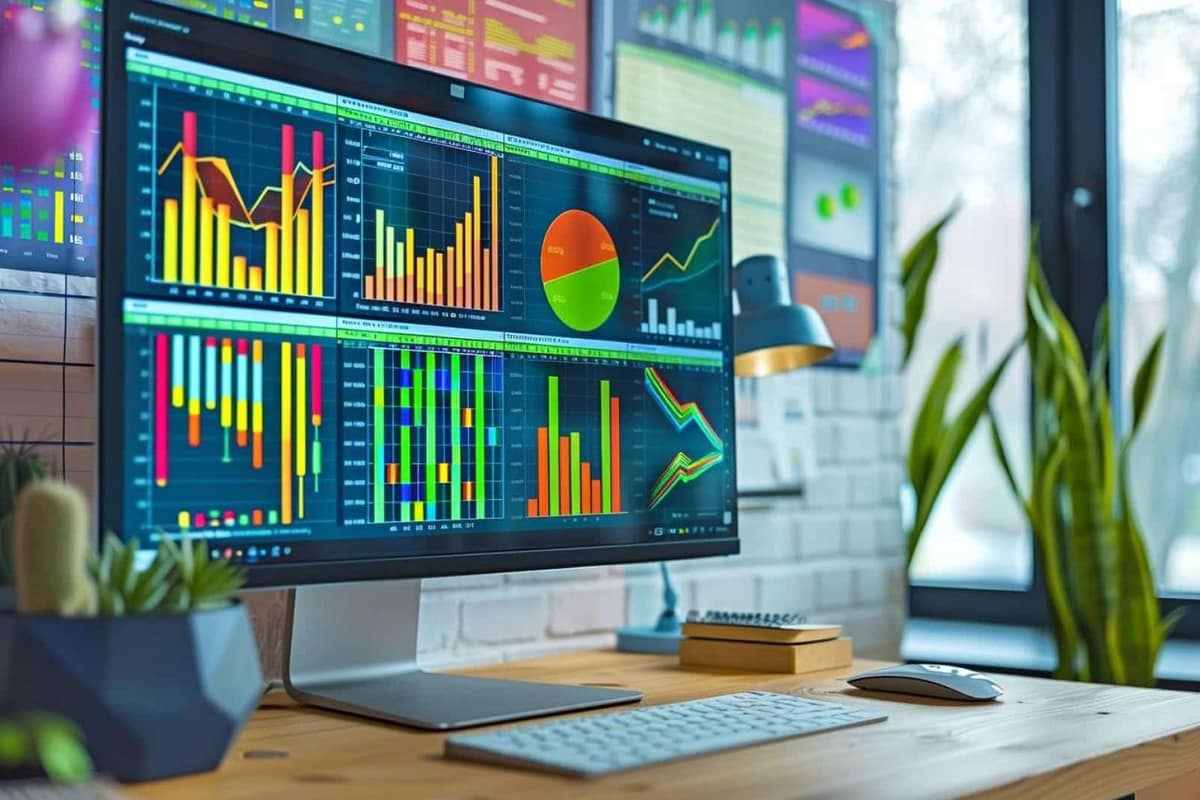 Ordinateur portable affichant un graphique Excel clair sur un bureau lumineux