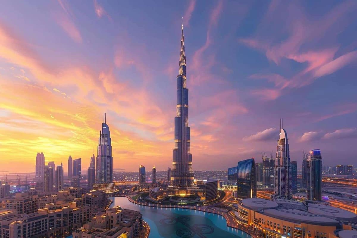 Abra sur Dubai Creek face aux tours modernes au crépuscule
